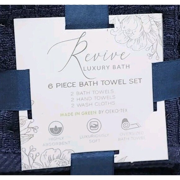 Revive Luxury Bath 6pc Blue Cotton Towel Set Zero Twist 2Bath 2Hand 2Washcloths - Picture 6 of 7